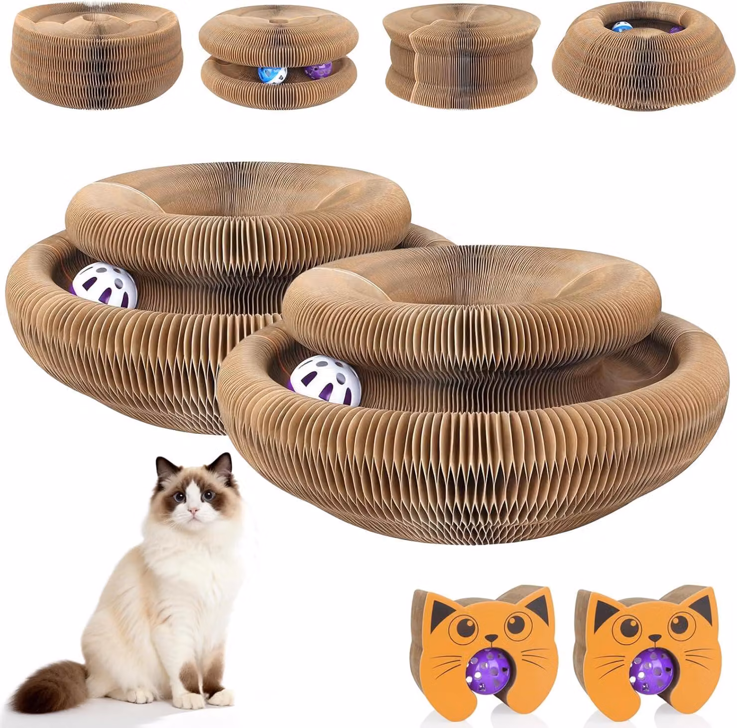 Albero per graffiare per gatti, confezione da 2 pezzi, realizzato in cartone, pieghevole, multicolore, con campanello rimovibile, per gatti