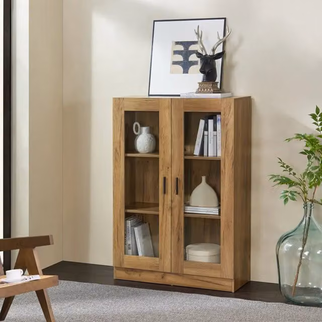Mobile Vetrinetta Libreria Sorø en.casa con Ante in Vetro, Effetto Rovere, L: 115 cm, H: 80 cm, P: 31 cm