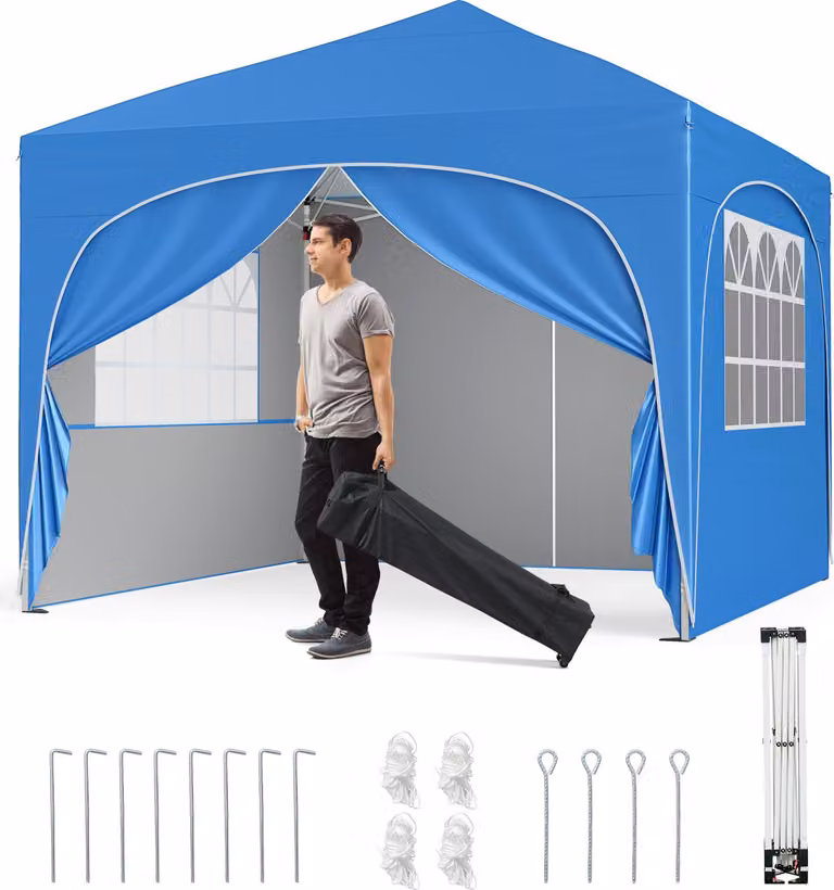 COSTWAY Gazebo pieghevole 3x3 m con 4 pareti laterali rimovibili, gazebo pop-up con protezione UV, idrorepellente, tenda da giardino, gazebo da giardino con borsa, blu