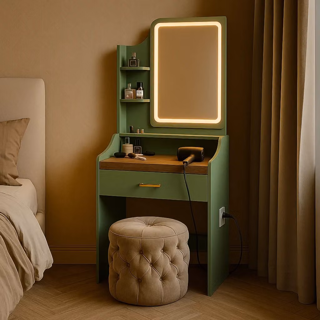 Toeletta Trucco Afrodite Frankystar con Luce LED e Prese, in Legno Colore Verde Salvia – 2