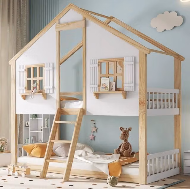Letto a castello per bambini con finestra e tetto; scala inclinata a 3 livelli; 90x200 cm; bianco/naturale