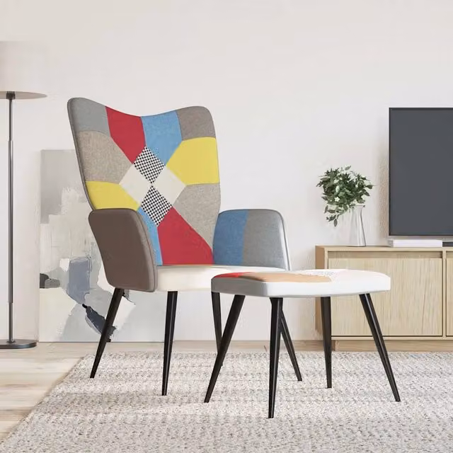 Divano Sedia-Poltrona Relax con Poggiapiedi in Tessuto Patchwork Multicolore Design Moderno con Struttura in Metallo