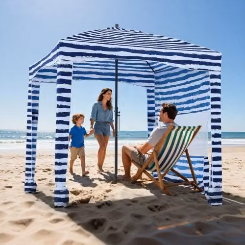 Tenda da spiaggia VEVOR con parete laterale e tasche per la sabbia, ombrellone parasole portatile regolabile in altezza, Blu con striature bianche, L/P/H: 183 x 183 x 229 cm