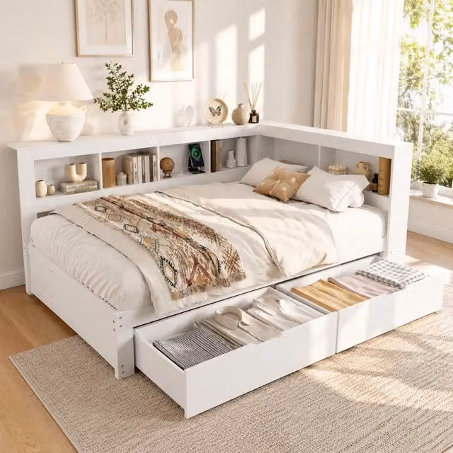 Letto da giorno ULEVR 140x200 cm con 2 cassetti, presa e 2 porte USB, bianco