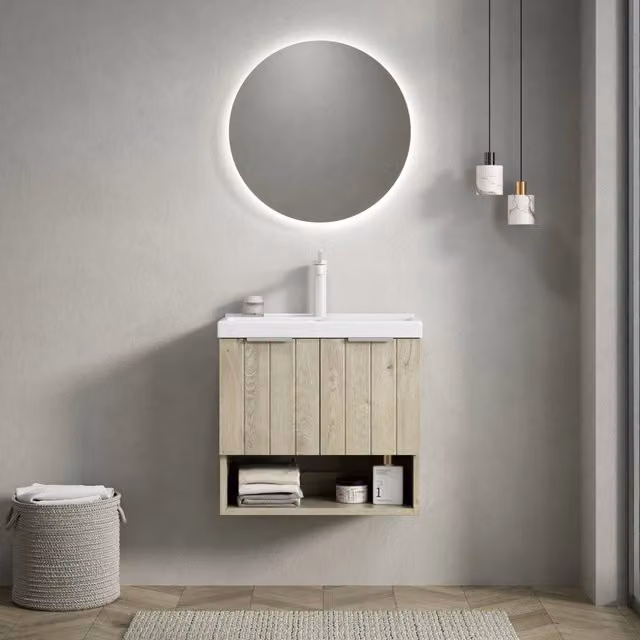 Mobile Bagno con Lavabo in Ceramica, Ante e Ripiano ¨C MINIMAL ¨C Rovere Crema 55cm