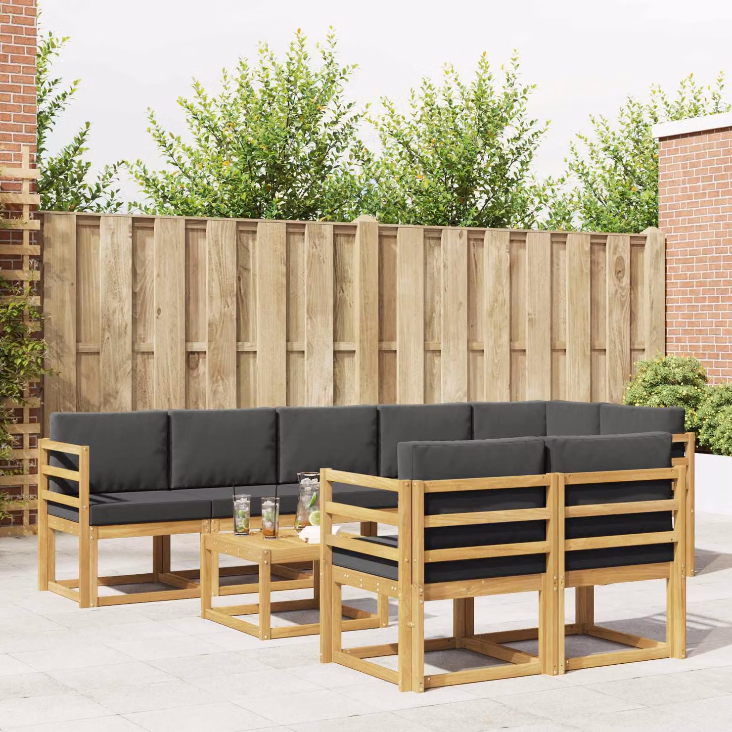 vidaXL Set di divani da esterno a forma di U composto da 9 pezzi con tavolino da caffè, in legno di acacia e tessuto resistente ai raggi UV, colori bianco, antracite, marrone e grigio