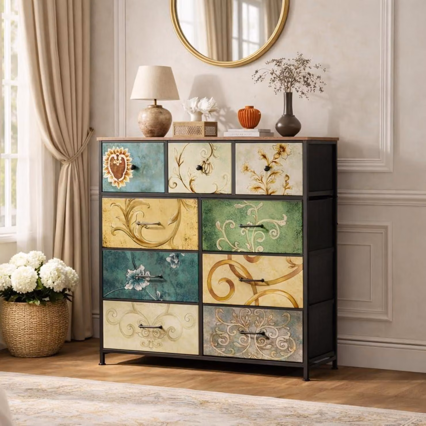 Comodino con 9 cassetti rivestiti in tessuto, struttura in metallo, piano in legno, stile industriale rustico