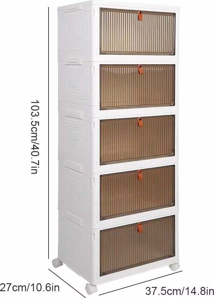 Contenitore pieghevole per riporre oggetti - Organizer per vestiti e scarpe a 5 ripiani - Con coperchio - Su ruote - Rettangolare, dimensioni 37,5 x 27 x 103,5 cm - Design moderno