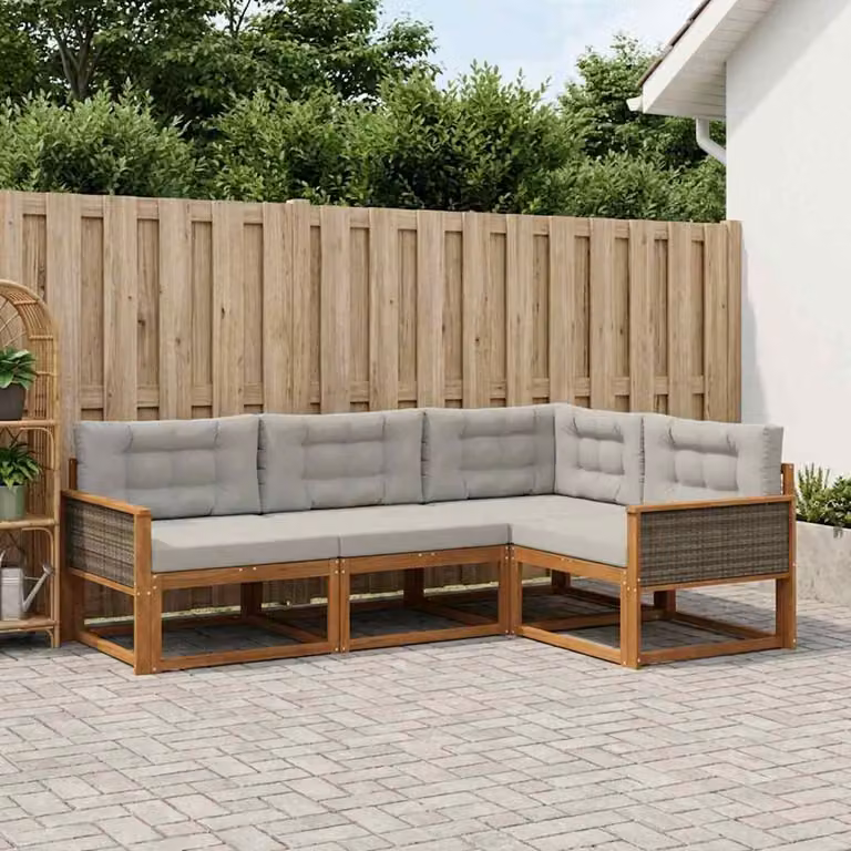 vidaXL Set di divani da esterno a L in legno di acacia con cuscini, 4 pezzi, Grigio e Marrone