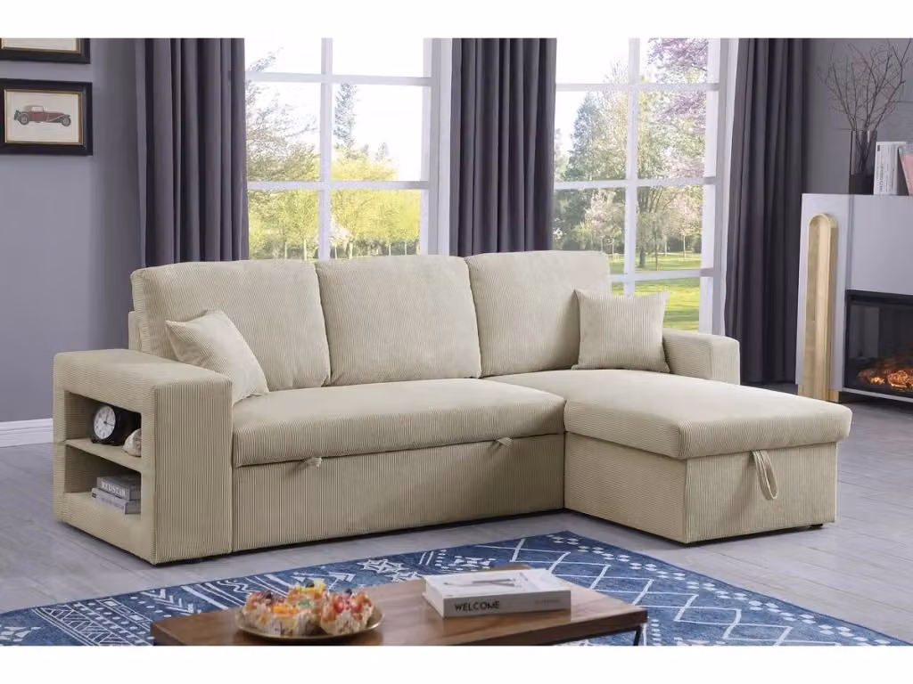 Divano letto angolare Axel in velluto a coste reversibile beige con struttura in legno massello per 3 persone L: 233 cm, P: 146 cm, H: 86 cm – 2