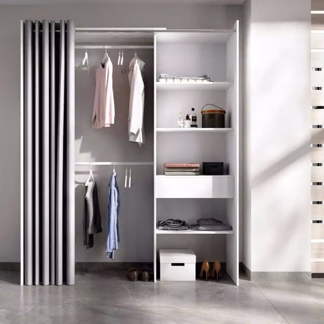 Guardaroba Arim DMORA, Struttura per cabina armadio con appendiabiti, ripiani e cassetti, L: 160 cm, P: 50 cm, H: 205 cm, Bianco e Grigio