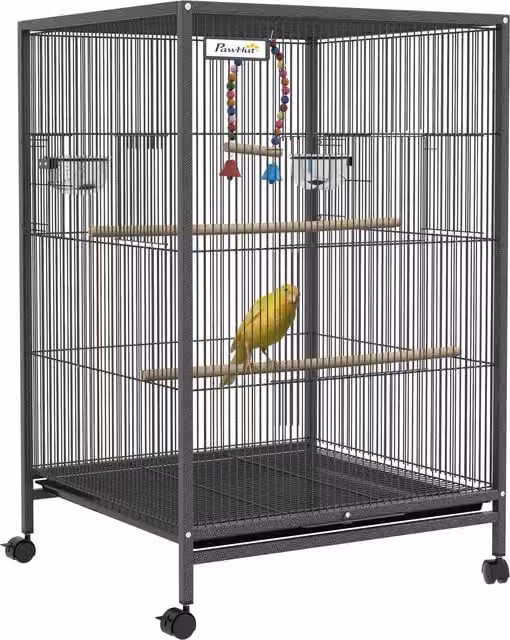 Gabbia per uccelli PawHut in acciaio e plastica con 5 porte, 2 posatoi e vassoio estraibile, Grigio, H 74 x L 46 x P 46 cm – 1