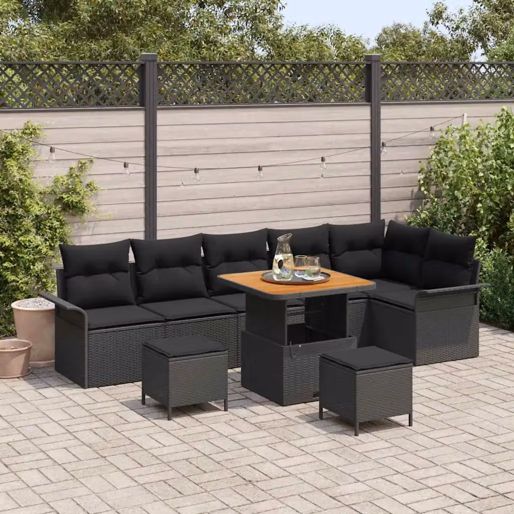 Set Divano da Giardino vidaXL 9 Pezzi in Polyrattan Nero con Cuscini e Tavolino – 1