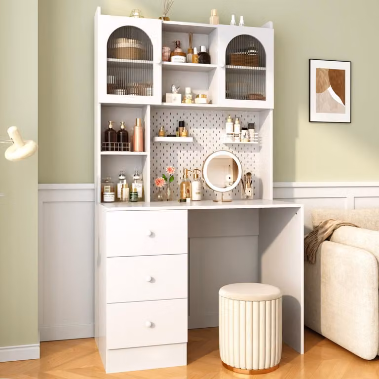 Scrivania multifunzionale moderna con armadietto integrato, colore bianco, dimensioni 100x55x180 cm. Scrivania da studio con sistema di bacheca, 3 cassetti e vetrina