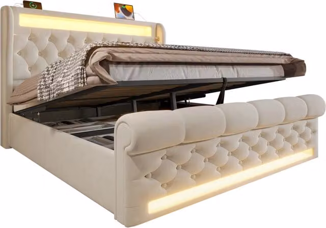 Letto matrimoniale 140x190 cm con contenitore idraulico; LED e USB-C in velluto beige