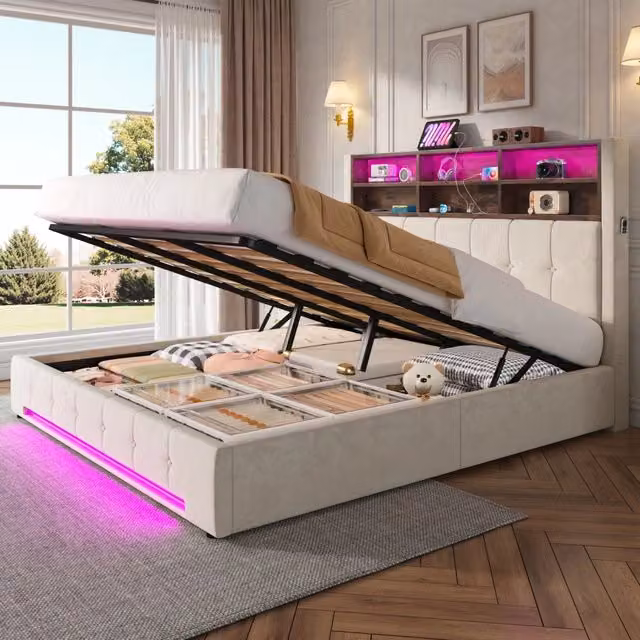 Letto imbottito 180x200 cm idraulico con LED USB colore beige in metallo e velluto