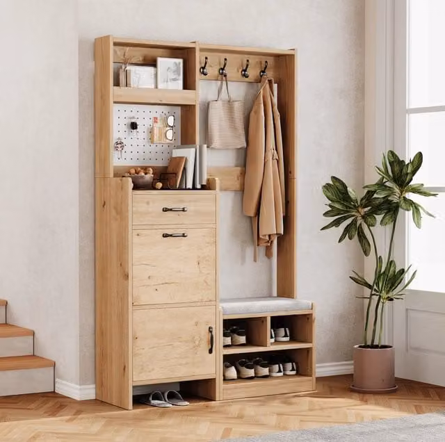 Set guardaroba ULEVR 108,5x35x180 cm con panca imbottita, 2 ante, cassetto e 4 ganci, naturale e bianco