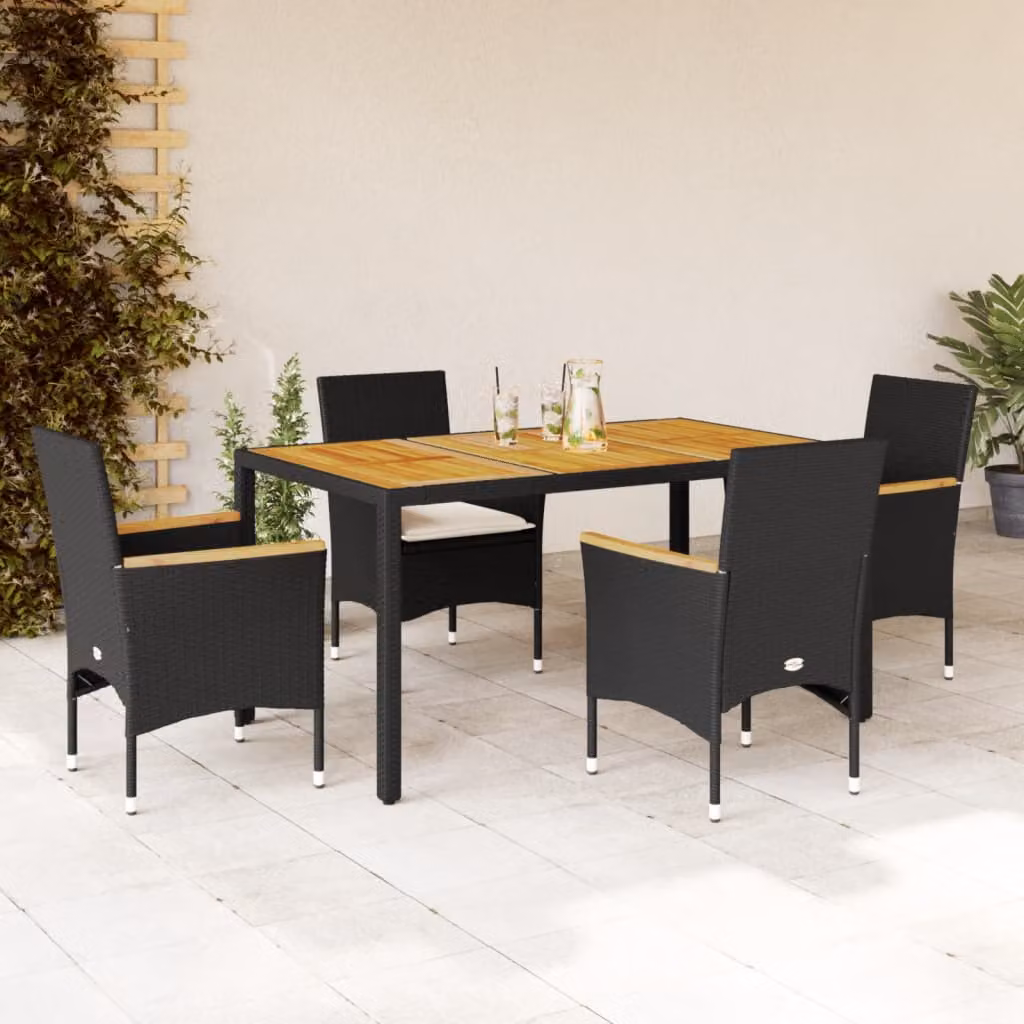 Set Pranzo da Giardino vidaXL in Polyrattan e Legno di Acacia con 5 Cuscini, Colore Nero e Beige – 1