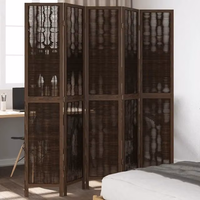 Divisorio Ambienti con 5 Pannelli in Legno di Paulownia e Rattan Marrone Scuro vidaXL