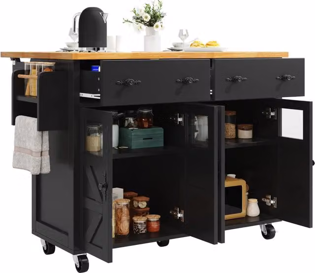 Isola cucina mobile con piano allungabile; altezza 95 cm; 3 cassetti; metallo e MDF nero