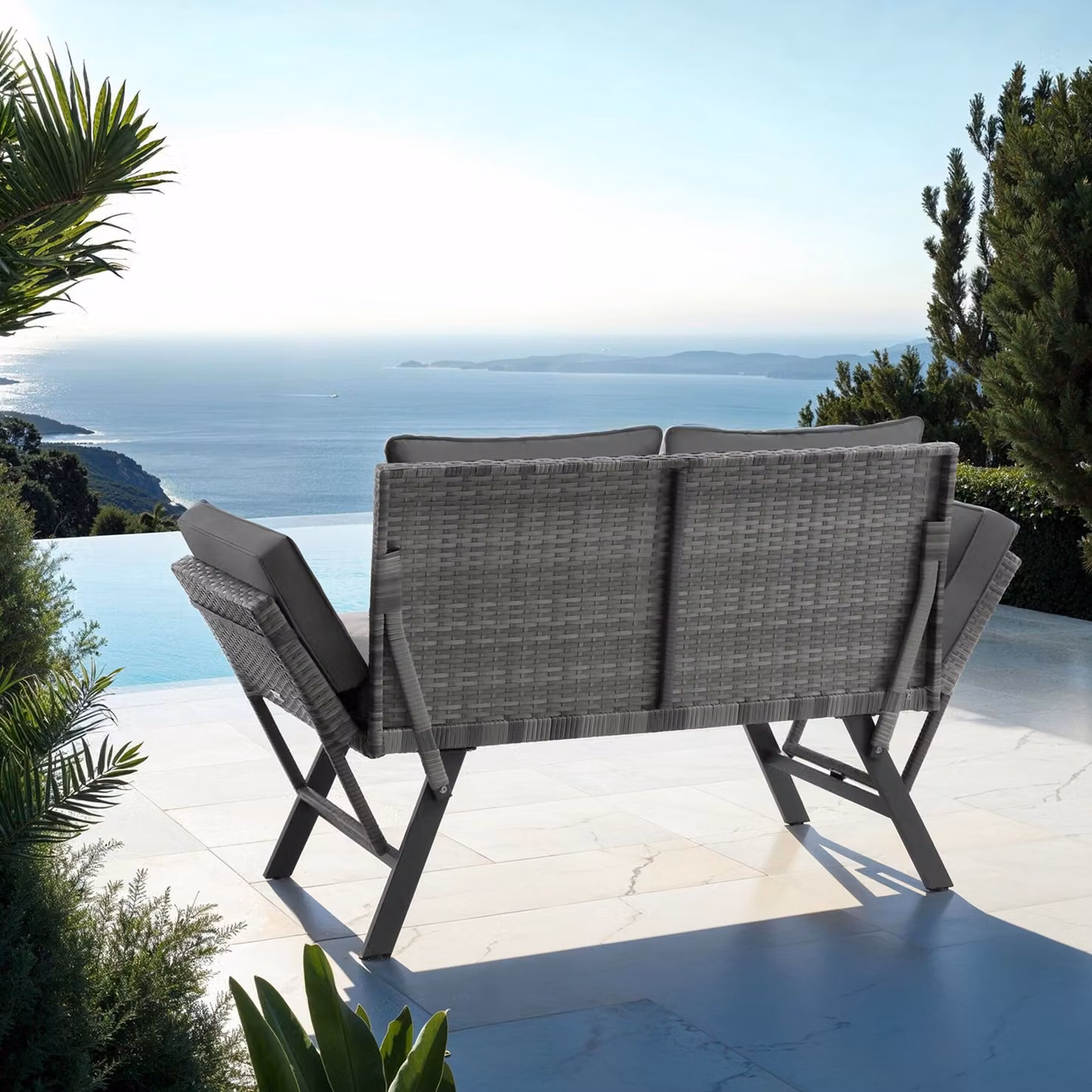 Divano lounge Sintra Tectake in rattan e metallo con braccioli regolabili e coperture rimovibili, grigio, L: 157,0 cm, P: 89,0 cm, H: 61,0 cm – 3