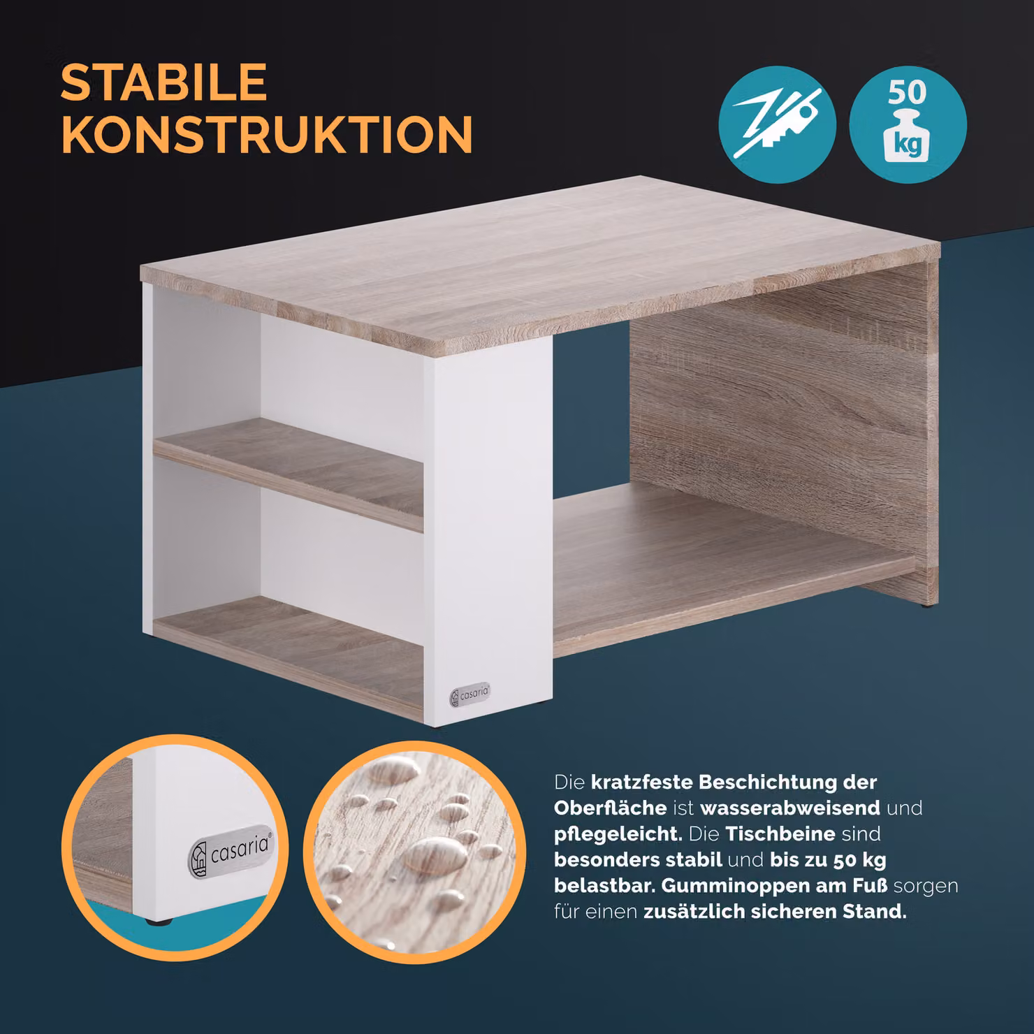 Tavolino rettangolare Casaria bianco e quercia L 90 cm x P 60 cm x H 50 cm – 3