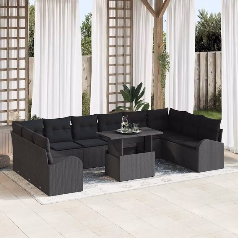 vidaXL Set Divano da Giardino Moderno a Forma di U in Polyrattan Nero con 11 Pezzi e Cuscini Inclusi con Funzione di Archiviazione