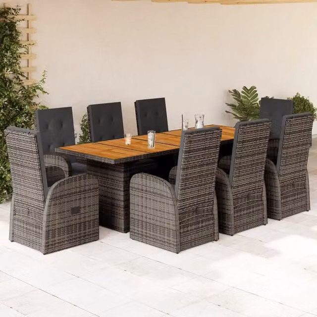 Set da pranzo da giardino vidaXL in polyrattan e legno di acacia grigio, 9 pezzi