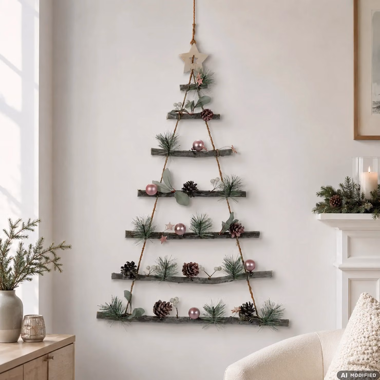 Appendino Natalizio Albero in Legno Vestiamo Casa con Rami Naturali e Decorazioni Rosa, Altezza: 68 cm – 2