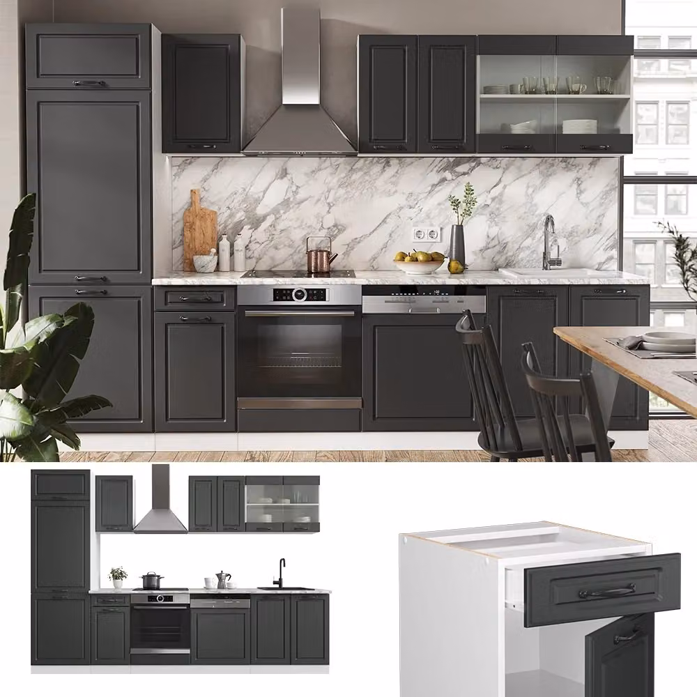 Cucina componibile Vicco R-Line Antracite e Bianco con finitura rustica, L: 300 cm, H: 206,8 cm, P: 60 cm – 2