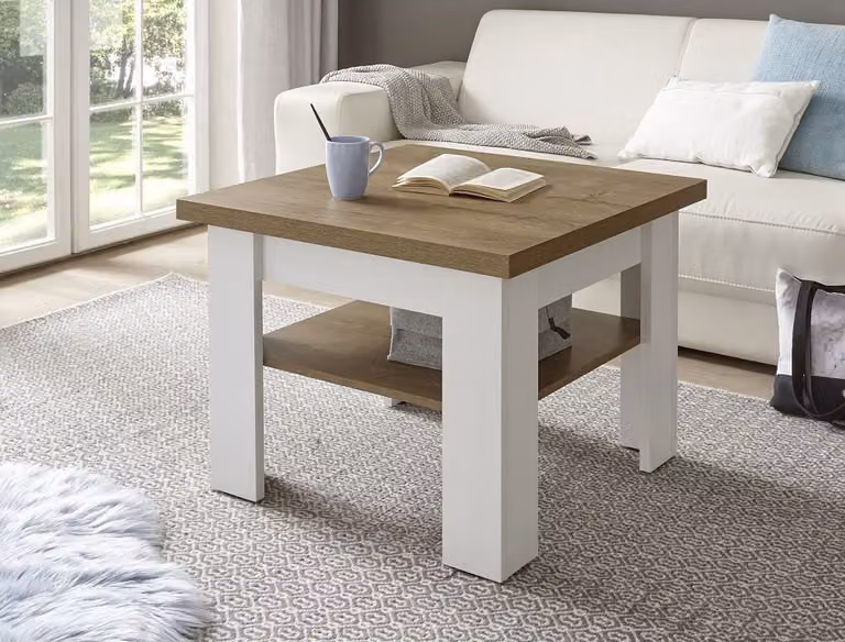 Tavolino da salotto in stile country PISA-61 in pino bianco e rovere chiaro, L/A/D circa: 70/53/70 cm