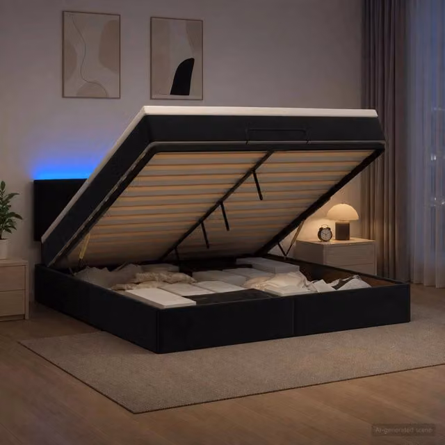 Letto Ottomano Moderno vidaXL in Velluto con Materasso Ibrido, Illuminazione LED Sotto il Letto e Porte USB, L/P/H: 203 x 160 x 88 cm