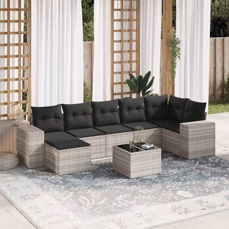 vidaXL Set Divano da Giardino a L 8pz in Polyrattan Grigio con Cuscini e Tavolino
