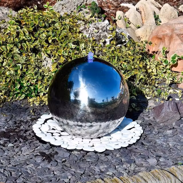 Sfera Cascata da Giardino GIORDANOSHOP in Acciaio Inox Color Argento con LED e Pompa, Ø 50 cm