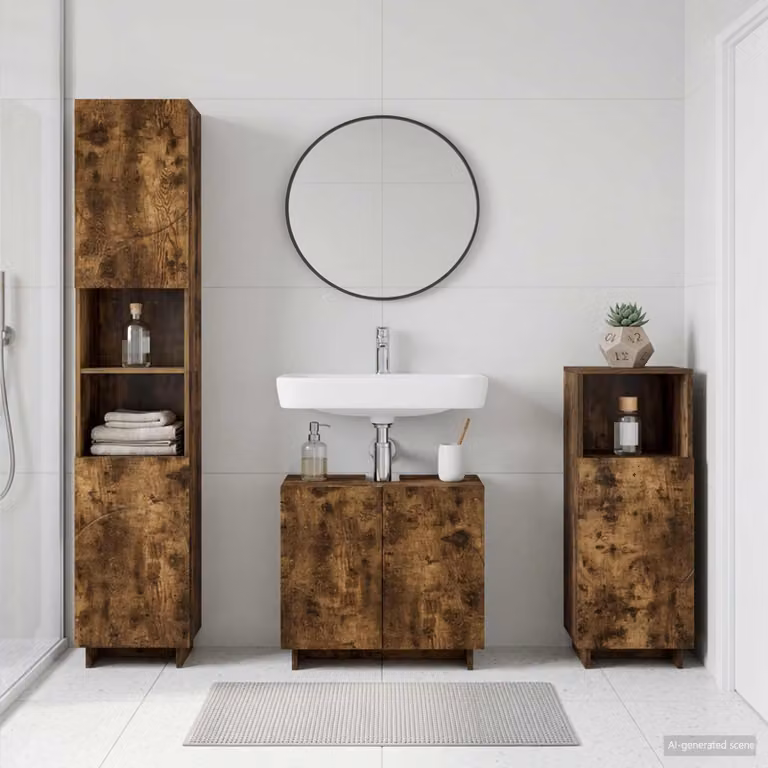 Set di mobili da bagno moderni vidaXL in 2 pezzi color marrone con finitura opaca e legno ingegnerizzato, comprendente mobileto alto, mobile laterale e base lavabo, H: 180 x L: 42,1 x P: 38,0 cm e H: 82 x L: 40 x P: 36,5 cm