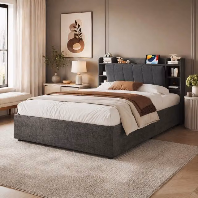 Letto Contenitore REDOM Grigio con Base Idraulica, Porte USB e Ripiano, L/P: 180 x 200 cm – 1