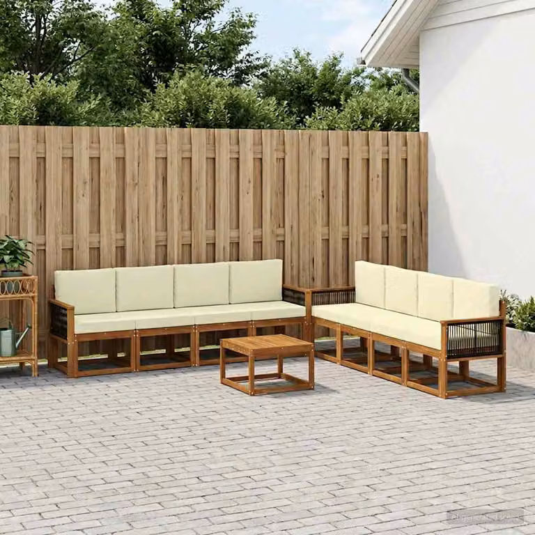 vidaXL Set di divani da esterno a L composto da 9 pezzi in legno di acacia con cuscini, colore marrone e beige
