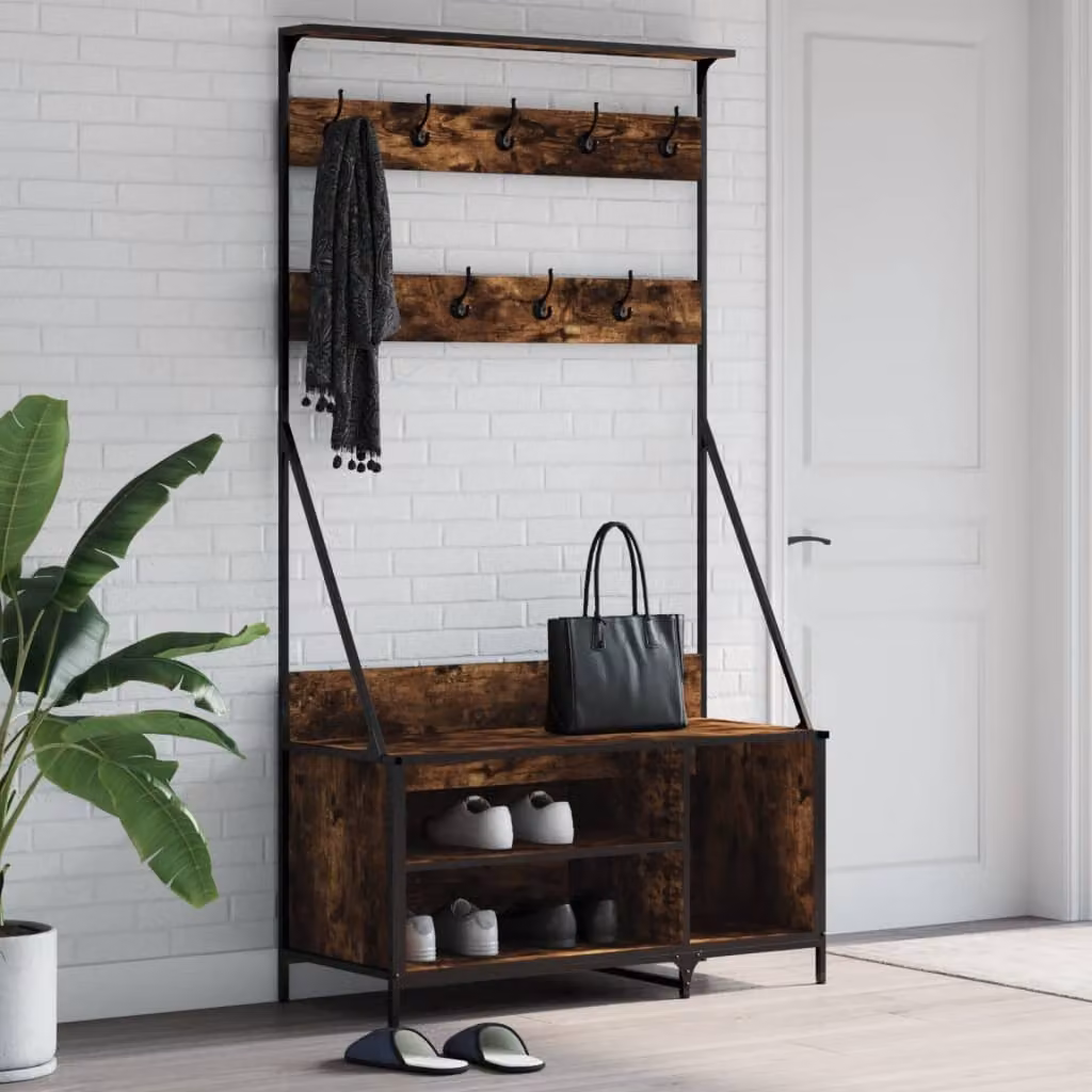 vidaXL Appendiabiti con Porta Scarpe in Rovere Fumo e Metallo, L 100 cm x P 41 cm x H 184 cm