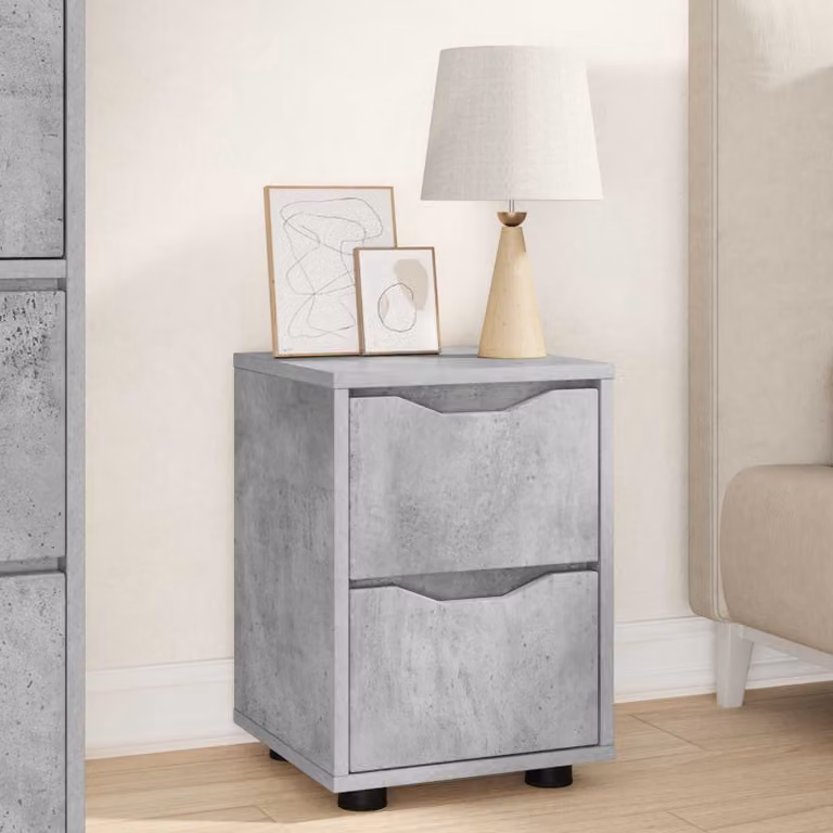 Comodino moderno vidaXL in legno ingegnerizzato e plastica, colore grigio cemento, L 30,5 cm x P 30 cm x H 43 cm