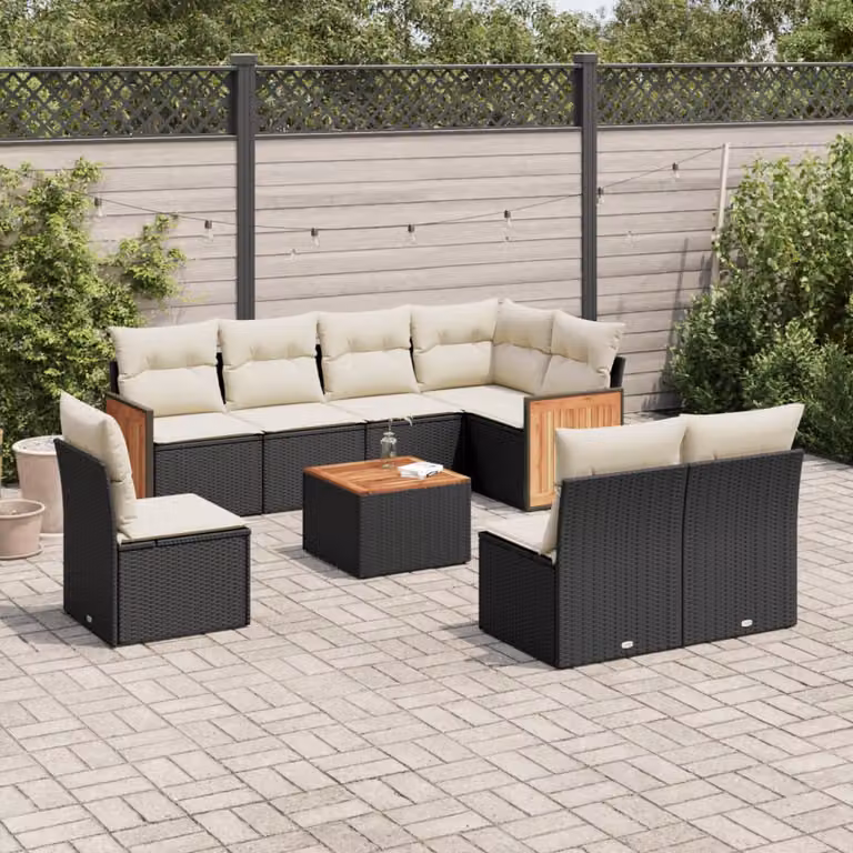 Set di divani da giardino vidaXL a forma di L in polyrattan nero con 9 pezzi e cuscini inclusi