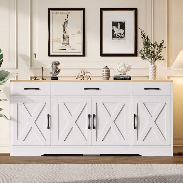 Credenza Chicfurn in MDF con 3 cassetti e 4 ante per soggiorno e ingresso, colore bianco, L: 160 cm, P: 37 cm, H: 75 cm