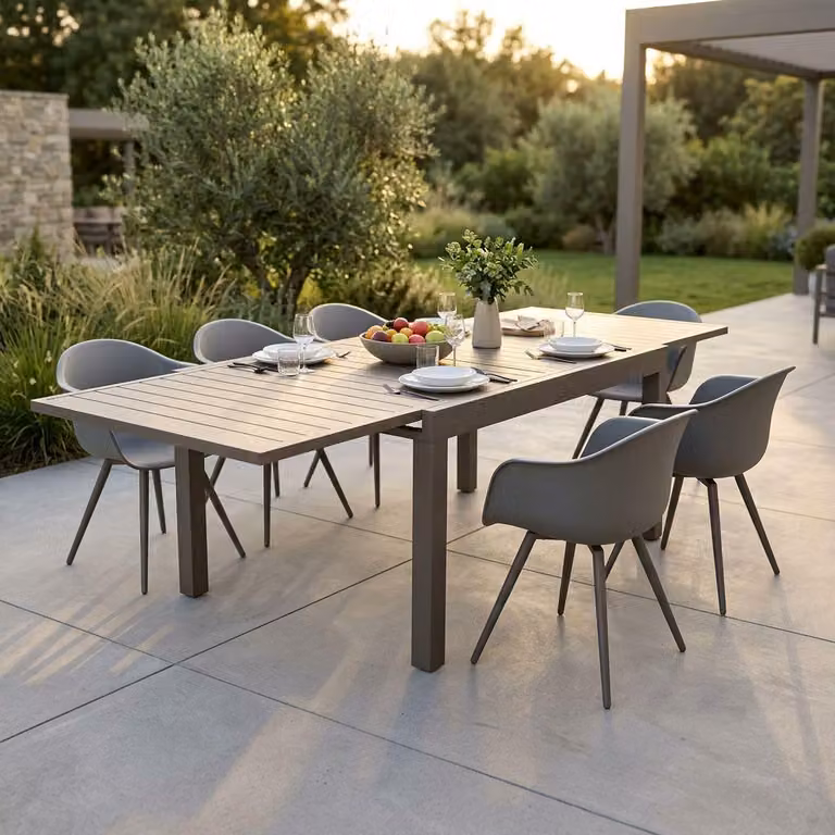 Milani Home - Set tavolo in alluminio cm 135/270 x 90 x 75 h con 6 poltrone da giardino per esterno colore taupe - Taupe