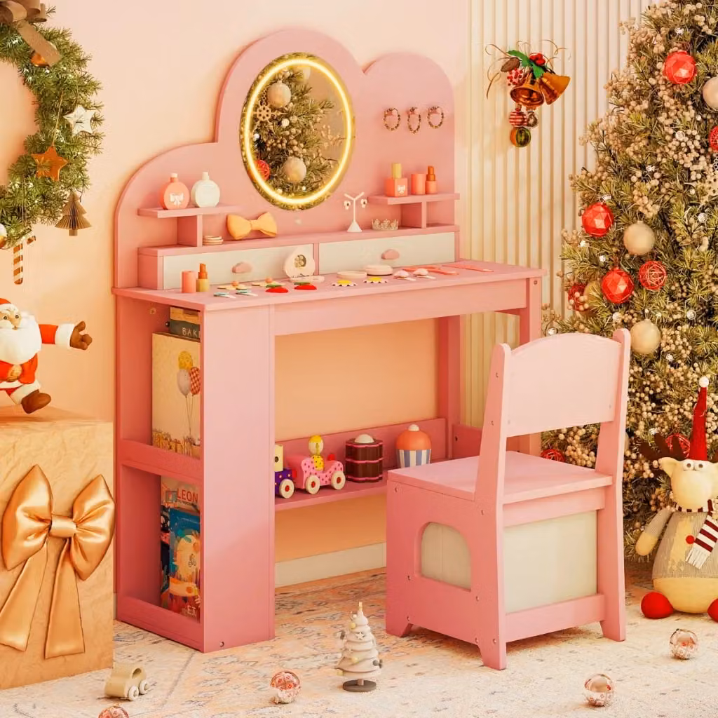 Set toeletta per bambini con sedia, 2 cassetti, libreria a 2 ripiani e luci LED, design moderno in MDF rosa – 2