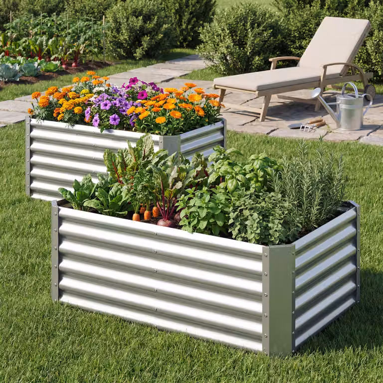 Costway Orto rialzato da esterno in metallo zincato argento, fioriera per piante e verdure L: 119,5 cm, P: 61,5 cm, H: 60,5 cm