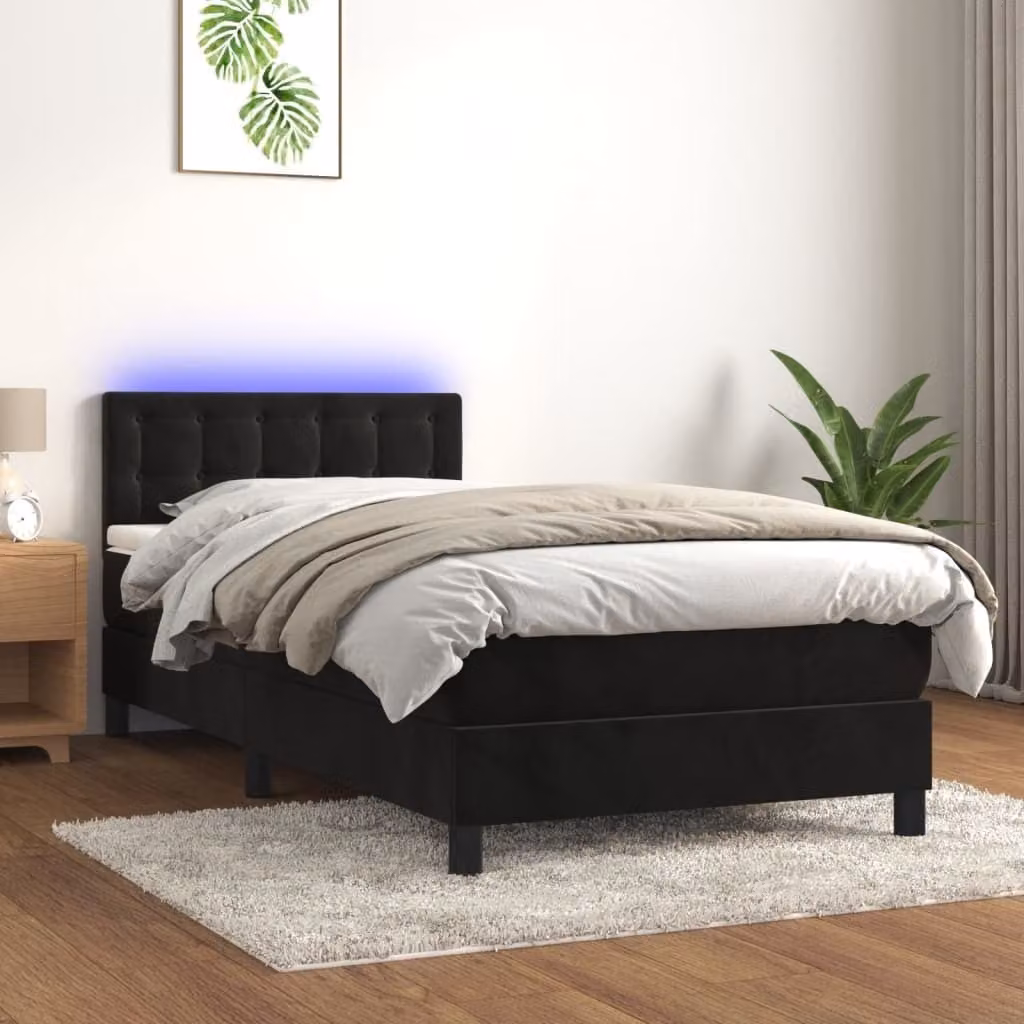 The Living Store Letto a molle con materasso e LED nero 100x200 cm in velluto