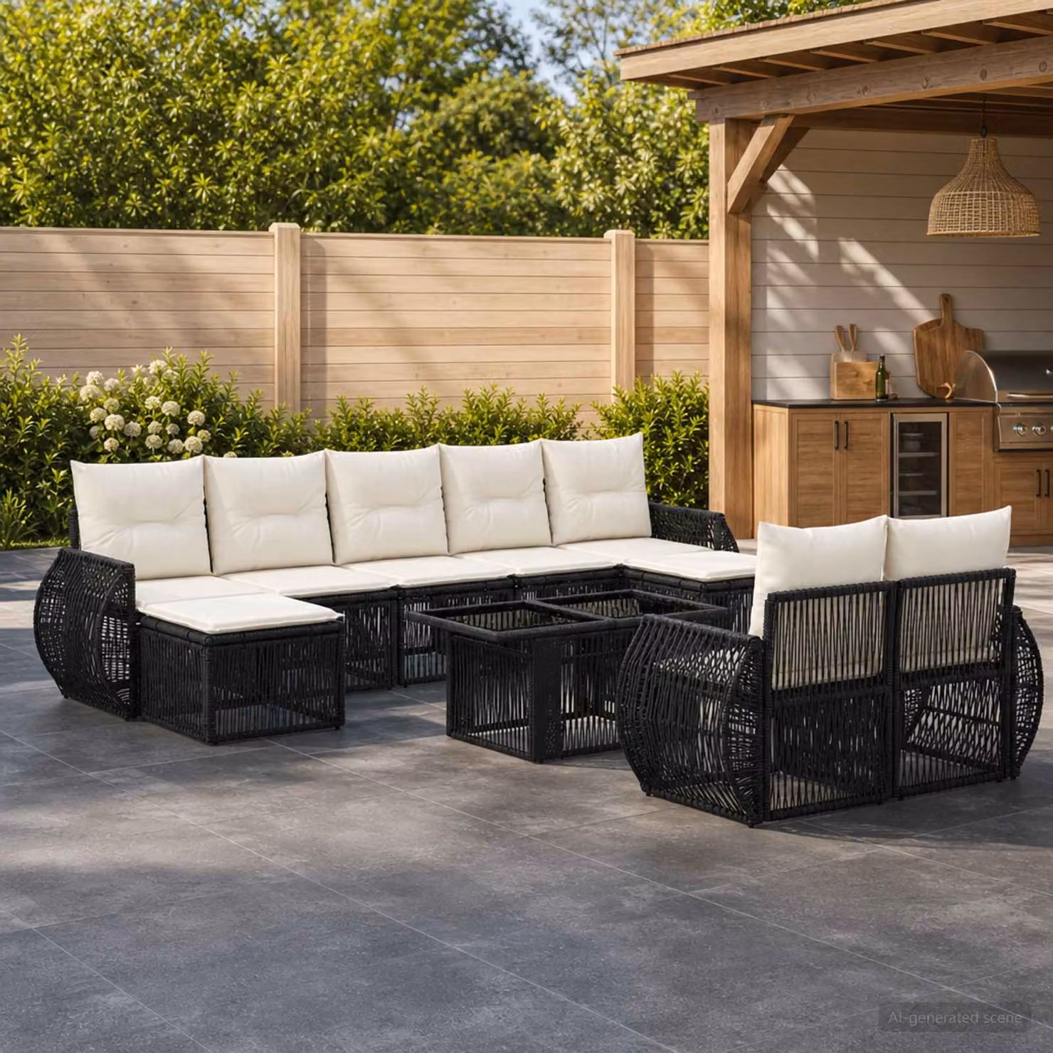 Set Divano da Giardino vidaXL 10 Pezzi in Polyrattan Nero e Bianco Crema con Cuscini per Esterno