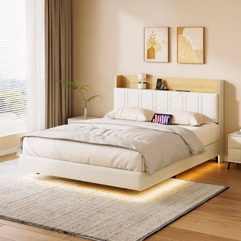 Letto galleggiante 140x200 cm con illuminazione a LED e porta di ricarica USB, contenitore nascosto, bianco