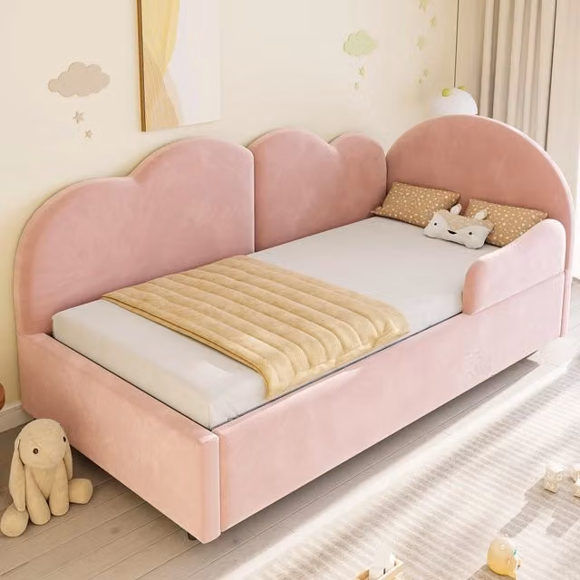 Letto imbottito 90x200 cm convertibile in 180x200 cm in velluto rosa