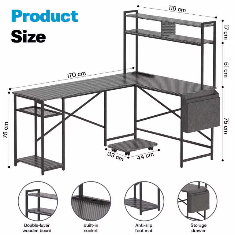 Scrivania a forma di L con ripiano e prese, scrivania angolare per computer, scrivania da ufficio con supporto per monitor e tasca laterale, 170x116 cm, nera