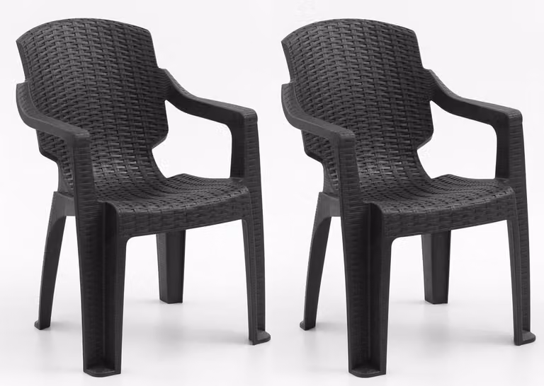 Sedia in plastica, effetto rattan, con braccioli, disponibile nei colori nero, marrone e antracite